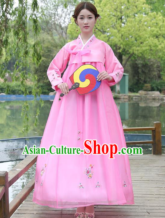 Asian Korean Court Costumes Traditional Korean Bride Hanbok Clothing Pink Blouse and Dress for Women
