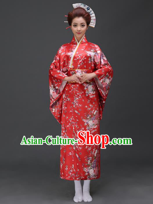 Asian Japanese Traditional Costumes Japan Printing Red Satin Furisode Kimono Yukata Dress Clothing for Women