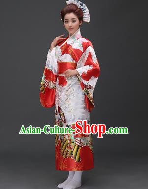 Asian Japanese Traditional Costumes Japan Printing Red Satin Furisode Kimono Yukata Dress Clothing for Women