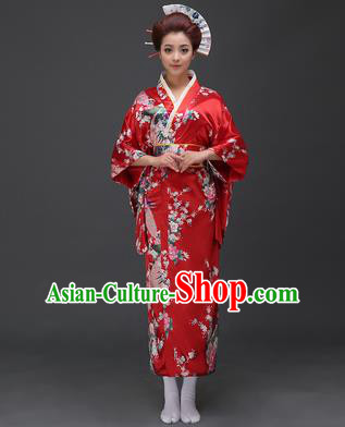 Asian Japanese Traditional Costumes Japan Printing Flowers Red Satin Furisode Kimono Yukata Dress Clothing for Women