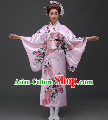 Asian Japanese Traditional Costumes Japan Printing Peacock Peony Pink Satin Furisode Kimono Yukata Dress Clothing for Women