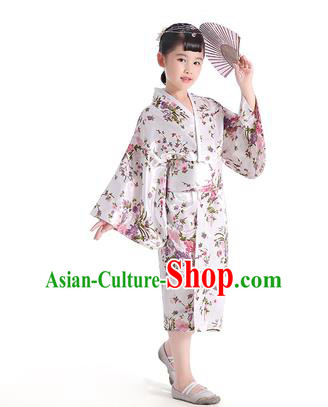 Asian Japanese Traditional Costumes Japan Printing Satin Furisode Kimono Yukata White Dress Clothing for Kids