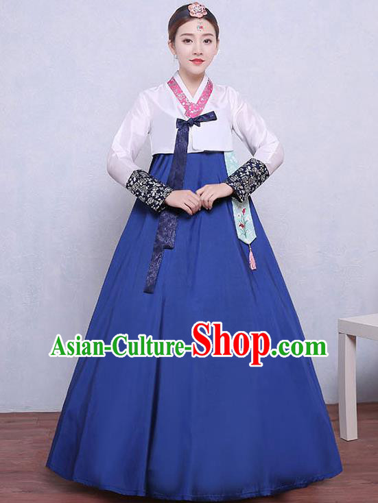 Asian Korean Dance Costumes Traditional Korean Dress Hanbok Clothing White Blouse and Blue Skirt for Women