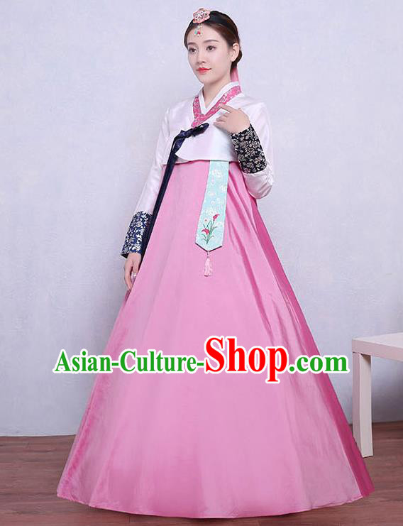 Asian Korean Dance Costumes Traditional Korean Dress Hanbok Clothing White Blouse and Pink Skirt for Women