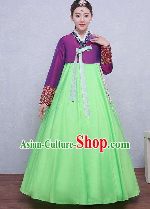 Asian Korean Dance Costumes Traditional Korean Dress Hanbok Clothing Purple Blouse and Green Skirt for Women