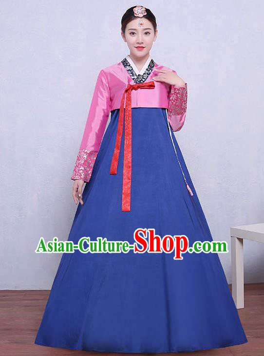 Asian Korean Dance Costumes Traditional Korean Dress Hanbok Clothing Pink Blouse and Blue Skirt for Women