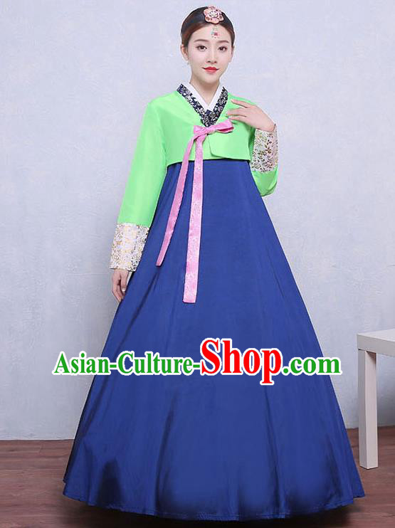 Asian Korean Dance Costumes Traditional Korean Hanbok Clothing Green Blouse and Navy Dress for Women