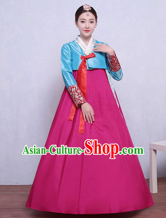 Asian Korean Dance Costumes Traditional Korean Hanbok Clothing Blue Blouse and Rosy Dress for Women