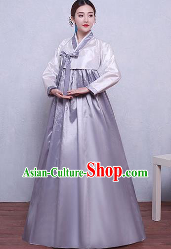 Asian Korean Dance Costumes Traditional Korean Hanbok Clothing White Blouse and Grey Dress for Women