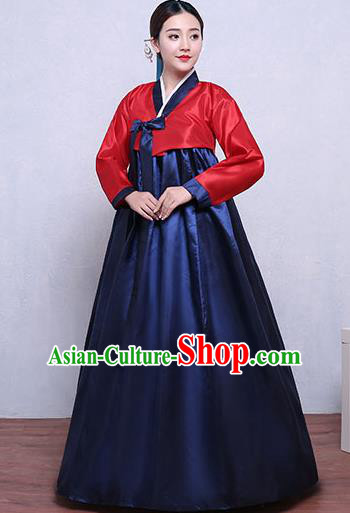 Asian Korean Dance Costumes Traditional Korean Hanbok Clothing Red Blouse and Navy Dress for Women