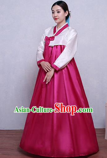 Asian Korean Dance Costumes Traditional Korean Hanbok Clothing White Blouse and Rosy Dress for Women