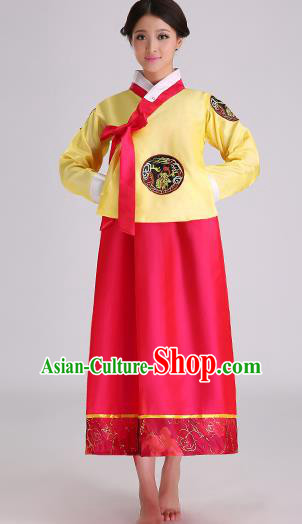 Asian Korean Palace Costumes Traditional Korean Bride Hanbok Clothing Yellow Blouse and Red Dress for Women