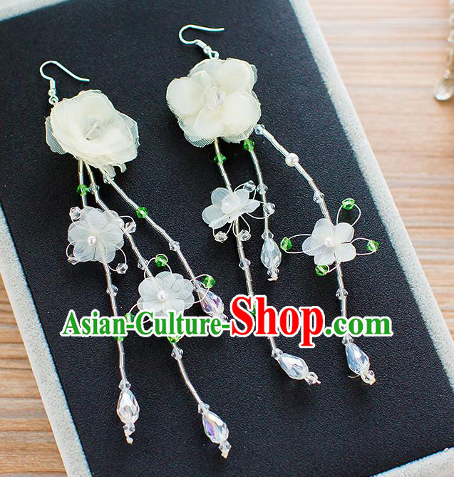 Handmade Classical Wedding Accessories Bride Beige Silk Flowers Tassel Earrings for Women