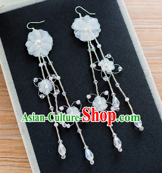 Handmade Classical Wedding Accessories Bride White Silk Flowers Tassel Earrings for Women