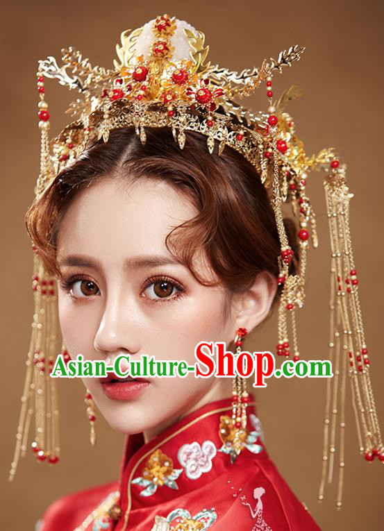 Chinese Handmade Classical Wedding Hair Accessories Ancient Tassel Hairpins Jade Phoenix Coronet for Women