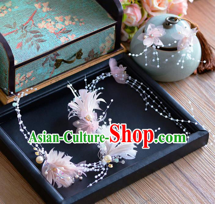 Handmade Classical Wedding Hair Accessories Bride Pink Feather Hair Clasp Headband for Women