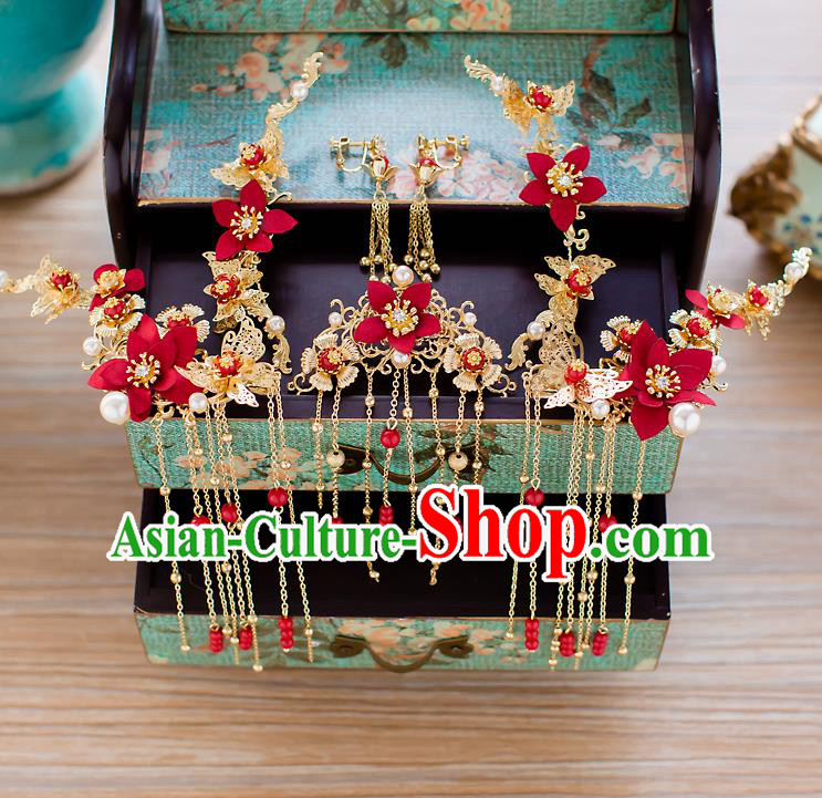 Chinese Handmade Classical Wedding Hair Accessories Ancient Xiuhe Suits Red Flowers Hair Stick Hairpins for Women