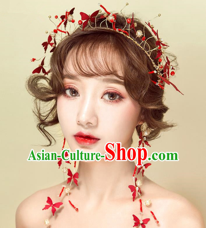 Handmade Classical Wedding Hair Accessories Bride Red Butterfly Hair Clasp Headband for Women