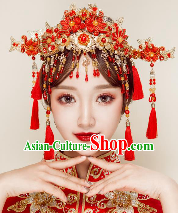 Chinese Handmade Classical Wedding Hair Accessories Ancient Xiuhe Suits Chinese Knots Phoenix Coronet Hairpins for Women