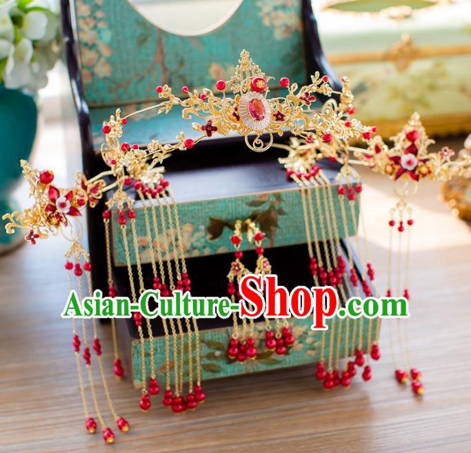 Chinese Handmade Classical Wedding Hair Accessories Ancient Golden Phoenix Coronet Hairpins Headdress for Women