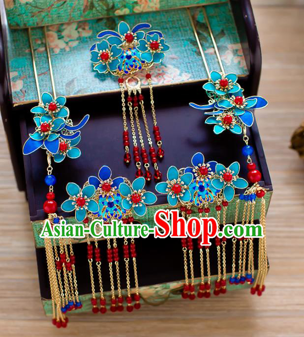 Chinese Handmade Classical Wedding Hair Accessories Ancient Cloisonne Tassel Hairpins Headdress for Women