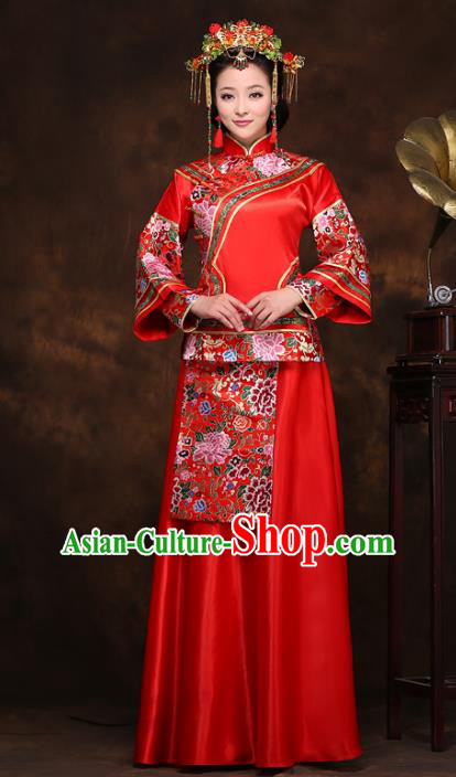 Traditional Chinese Wedding Costume Xiuhe Suits, China Ancient Bride Embroidered Clothing