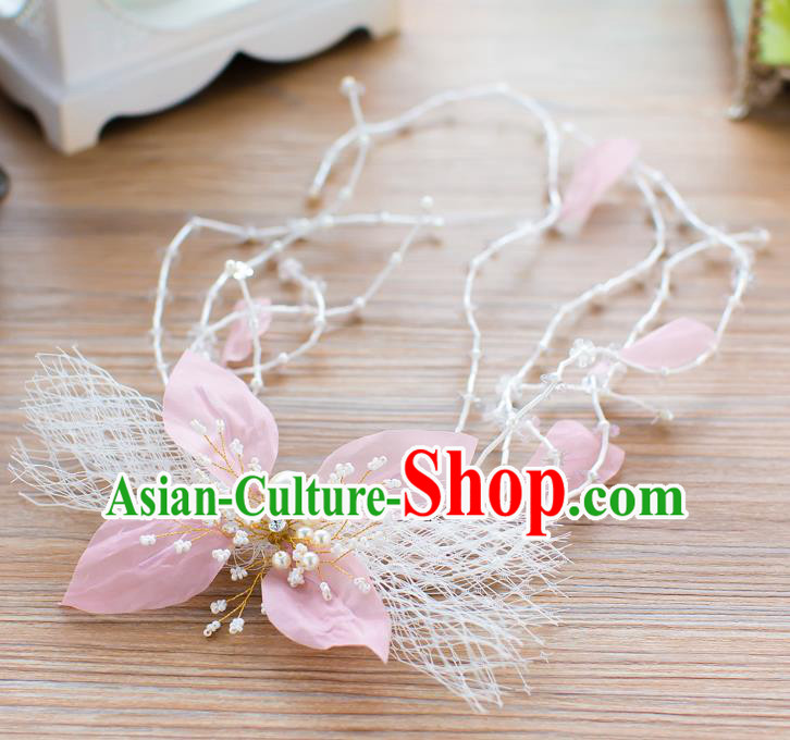 Handmade Classical Wedding Hair Accessories Bride Pink Flower Hair Stick Headband for Women