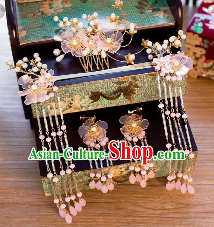 Chinese Handmade Classical Wedding Hair Accessories Ancient Tassel Hairpins Pink Flowers Hair Comb for Women