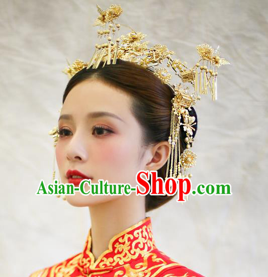 Chinese Handmade Classical Hair Accessories Ancient Palace Golden Phoenix Coronet Hairpins for Women