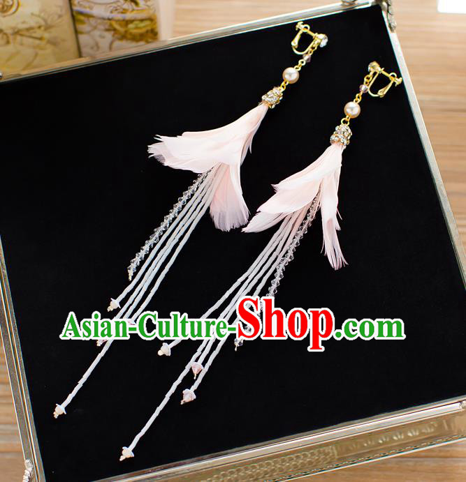 Handmade Classical Wedding Accessories Bride Pink Feather Tassel Earrings for Women