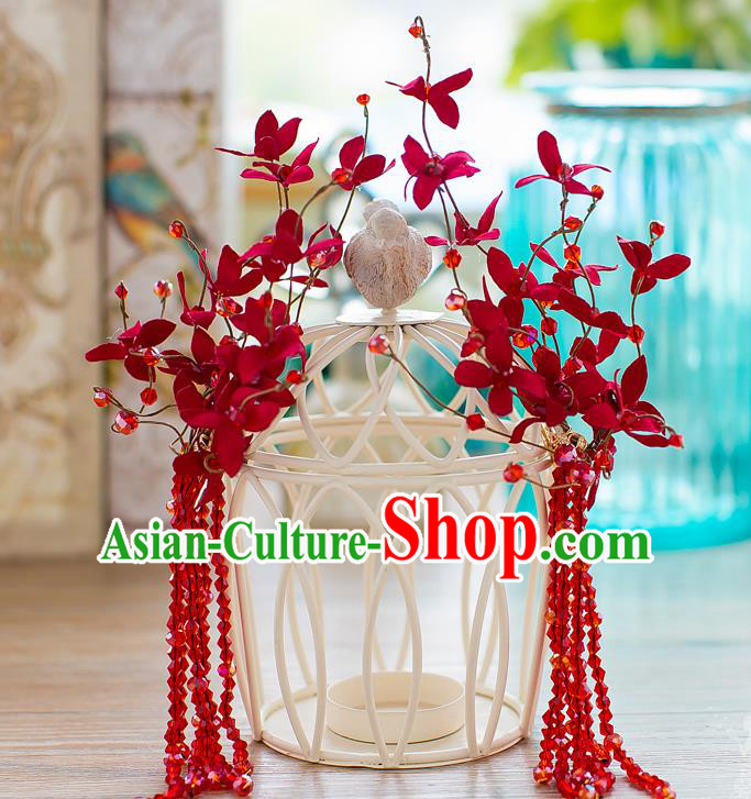 Handmade Classical Wedding Hair Accessories Bride Red Beads Hair Stick Headwear for Women