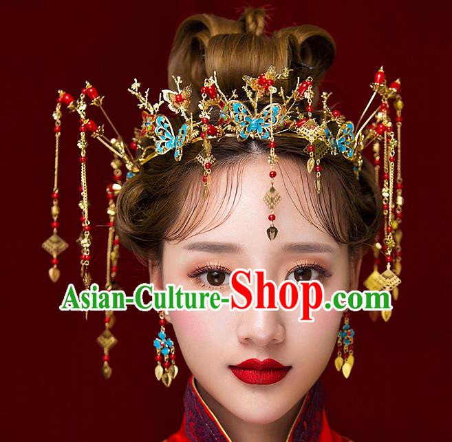 Chinese Handmade Classical Hair Accessories Ancient Palace Blueing Phoenix Coronet Hairpins Complete Set for Women