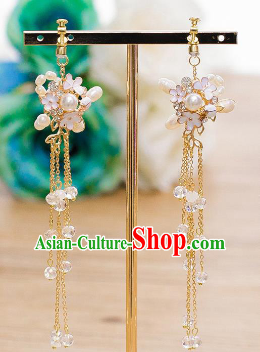 Handmade Classical Wedding Accessories Bride White Flowers Pearls Earrings for Women
