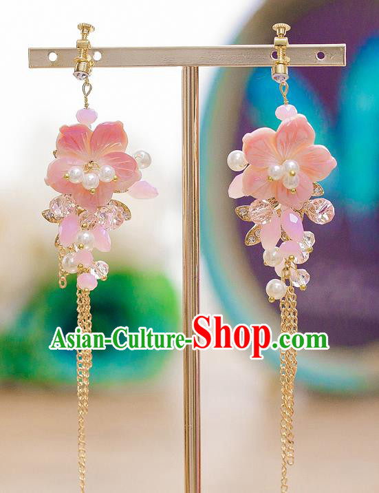 Handmade Classical Wedding Accessories Bride Pink Flowers Tassel Earrings for Women