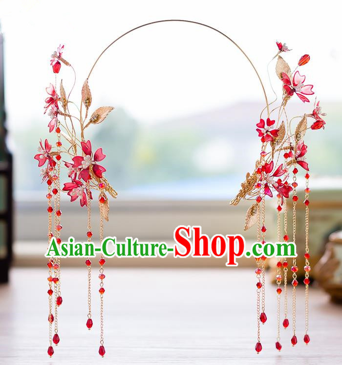 Handmade Classical Wedding Hair Accessories Bride Red Flowers Tassel Hair Clasp Headwear for Women
