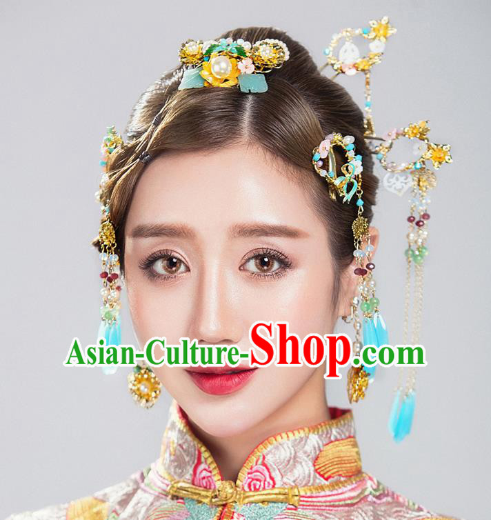 Chinese Handmade Classical Hair Accessories Ancient Blue Tassel Hairpins Step Shake for Women