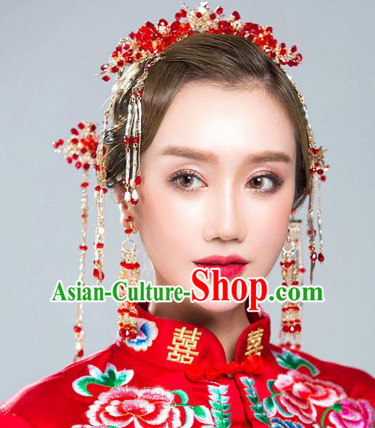 Chinese Handmade Classical Hair Accessories Ancient Red Crystal Hair Clasp Tassel Hairpins for Women