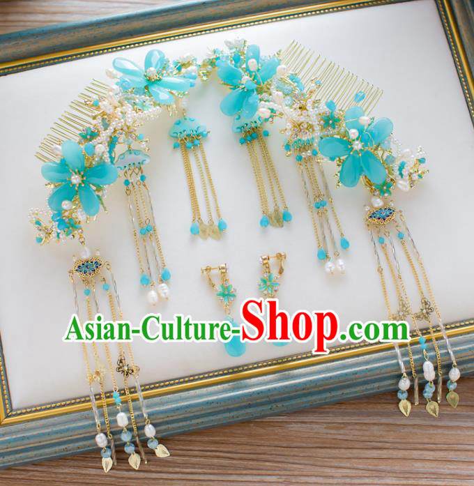 Chinese Handmade Classical Hair Accessories Ancient Blue Hair Comb Tassel Hairpins for Women