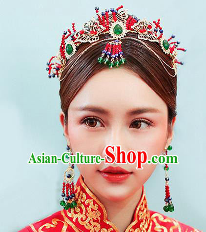 Chinese Handmade Classical Hair Accessories Ancient Red Phoenix Coronet Tassel Hairpins for Women