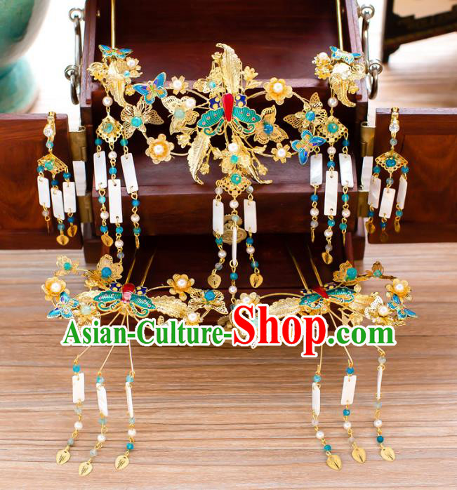 Chinese Handmade Classical Hair Accessories Ancient Blue Butterfly Phoenix Coronet Tassel Hairpins for Women