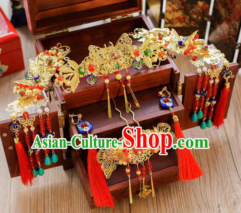 Chinese Handmade Classical Hair Accessories Ancient Butterfly Phoenix Coronet Tassel Hairpins for Women