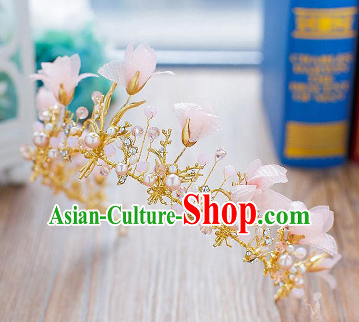 Handmade Classical Hair Accessories Baroque Pink Flowers Royal Crown Headwear for Women