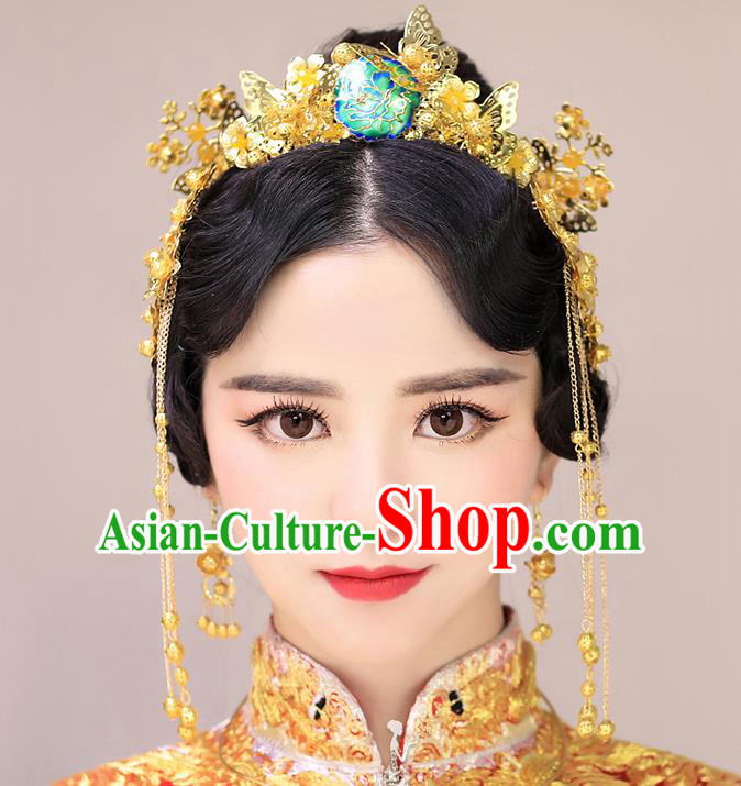 Chinese Handmade Classical Hair Accessories Ancient Bride Golden Butterfly Hair Clasp Tassel Hairpins for Women