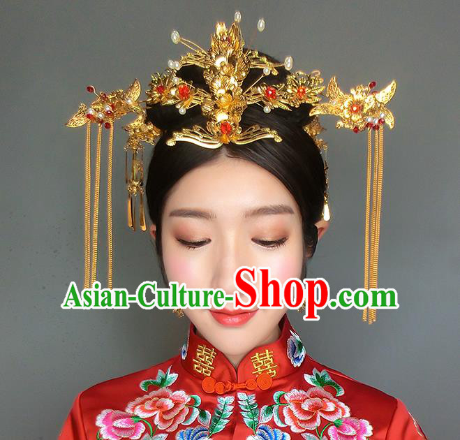 Chinese Handmade Classical Hair Accessories Ancient Xiuhe Suit Golden Hair Clip Tassel Hairpins for Women