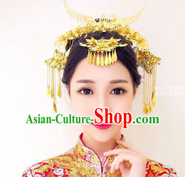 Chinese Handmade Classical Hair Accessories Ancient Xiuhe Suit Golden Phoenix Coronet Hair Clip Tassel Hairpins for Women