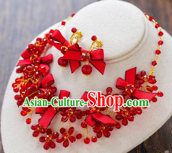 Handmade Classical Wedding Accessories Bride Red Bowknot Necklace and Earrings for Women