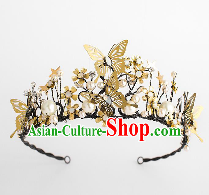 Handmade Classical Hair Accessories Baroque Bride Golden Butterfly Pearls Royal Crown Headwear for Women