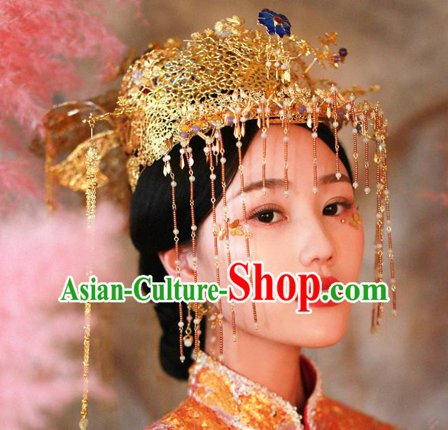Chinese Handmade Classical Hair Accessories Xiuhe Suit Golden Phoenix Coronet Tassel Hairpins for Women