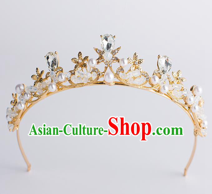 Handmade Classical Hair Accessories Baroque Bride Crystal Pearls Golden Royal Crown Headwear for Women