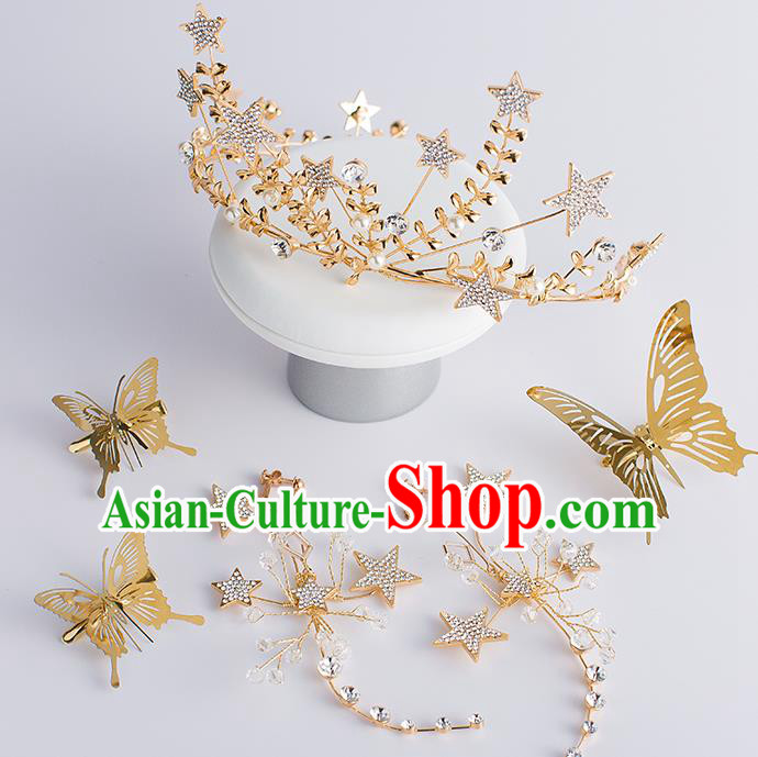 Handmade Classical Hair Accessories Baroque Bride Golden Butterfly Royal Crown Hair Stick Headwear for Women